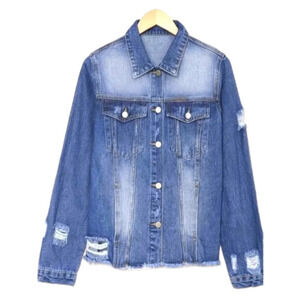 Womens Distressed Raw Hem Ripped Denim Jacket sz XXL